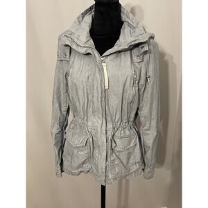 l.o.g.g. h&m womens size 4 long sleeve full zip hooded jacket white blue striped